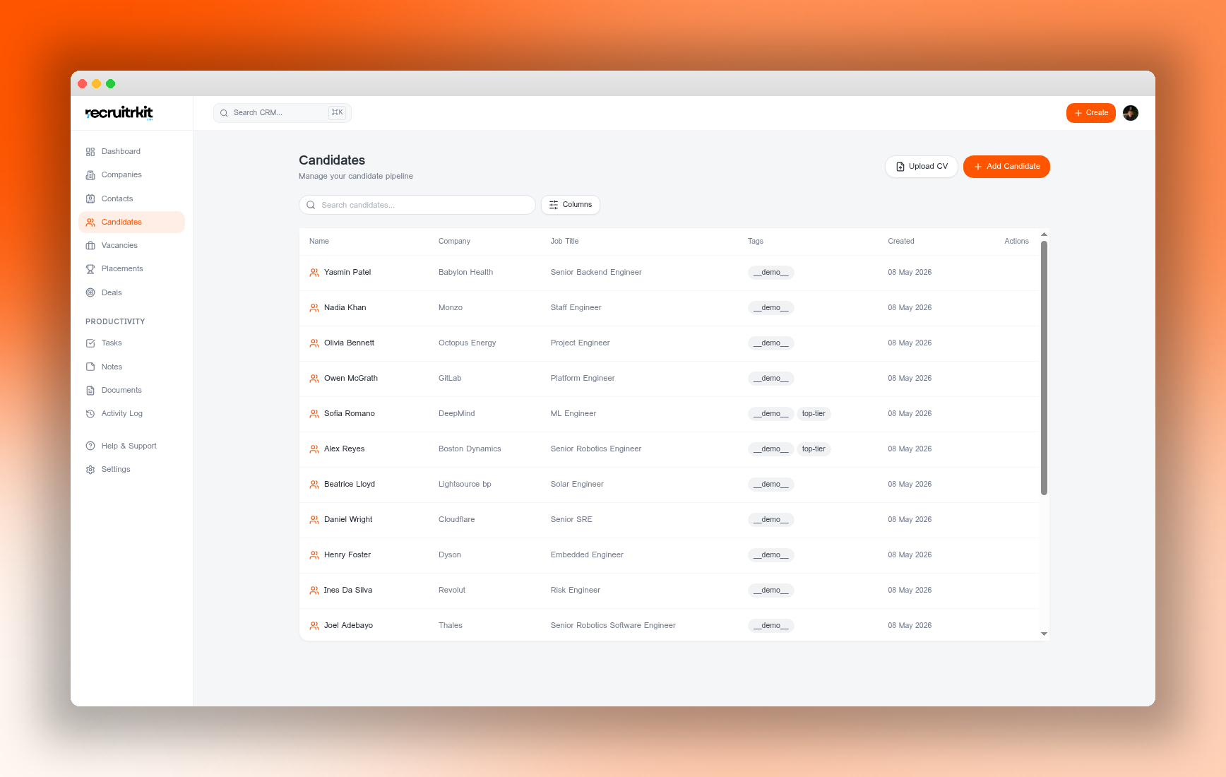 RecruitrKit CRM candidate database with AI CV parsing